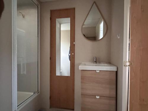 W łazience znajduje się umywalka i lustro. w obiekcie Retro Stacaravan w mieście Warmond