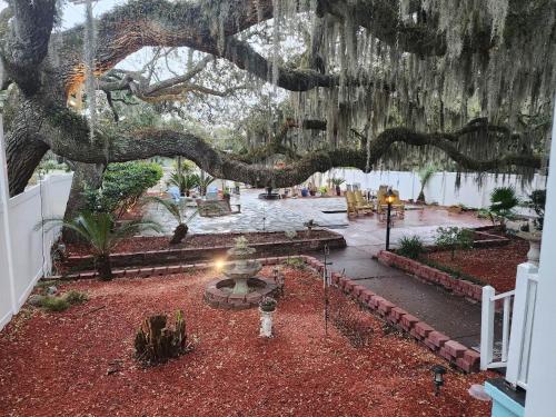 a large tree hanging over a courtyard with a fountain at Tybee Island Inn Bed & Breakfast in Tybee Island