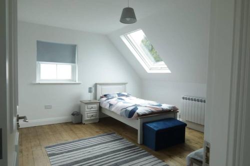 ein weißes Schlafzimmer mit einem Bett und einem Fenster in der Unterkunft Deerpark Cottage, Inistioge, Kilkenny in Inistioge