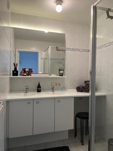 een witte badkamer met een wastafel en een spiegel bij Blankeduyn Koksijde in Koksijde