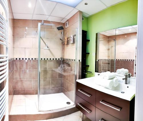 une salle de bain avec douche et lavabo dans l'établissement Le Grand Large, à Boulogne-sur-Mer