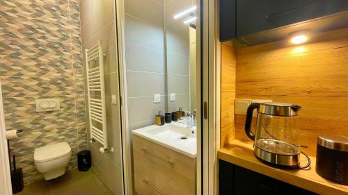 a small bathroom with a toilet and a sink at Studio BEL-MOD BUGEY - Belvédère Moderne in Lyon
