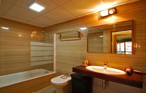 uma casa de banho com um lavatório, um WC e um espelho. em Apartment De Jardines em Denia