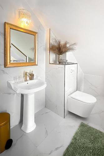 a bathroom with a sink and a toilet and a mirror at La Rose Residence in Mikołajki