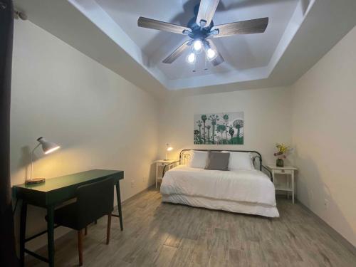 1 dormitorio con ventilador de techo, 1 cama y escritorio en Quiet 2BR 2BA, Laundry, Wi-Fi, Near Shops & Restos, en McAllen