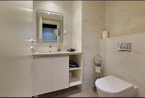 bagno con servizi igienici, lavandino e specchio di Belgrade Waterfront Premium a Belgrado