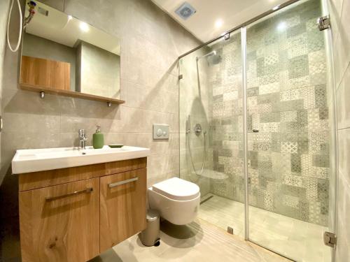 a bathroom with a shower and a toilet and a sink at Appartement cosy à proximité immédiate du célèbre Twins-center in Casablanca