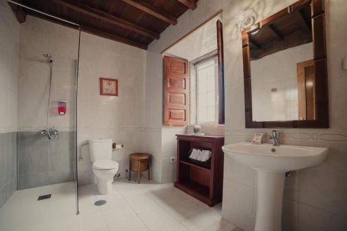 奧普洛佐的住宿－Santaia en Casal de Calma，一间带水槽、卫生间和淋浴的浴室