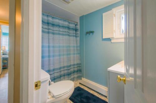 a bathroom with a white toilet and a blue wall at 34 Dillingham Avenue Sandwich Cape Cod - Aloha in Sandwich
