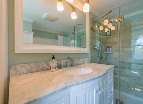 een badkamer met een wastafel, een spiegel en een douche bij 277 Phillips Road Sandwich - Cape Cod in Sagamore Beach