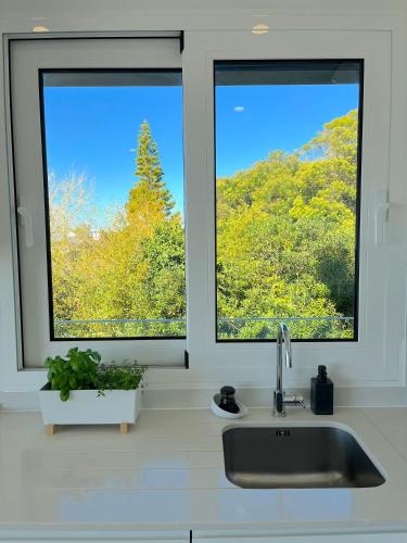 a kitchen with a sink and two windows with trees at Ocean Views - New Private Condominium with Pool & Sea Views in Nazaré