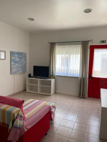 1 dormitorio con 1 cama, TV y ventana en Stay Porto Côvo II, en Porto Covo