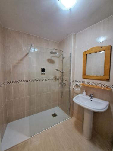 a bathroom with a shower and a sink at Casa Buzones in Toledo