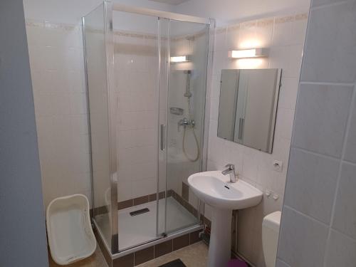 a bathroom with a shower and a sink and a toilet at Appartement 2 pièces avec piscine et parking à Dives-sur-Mer - FR-1-487-294 in Dives-sur-Mer