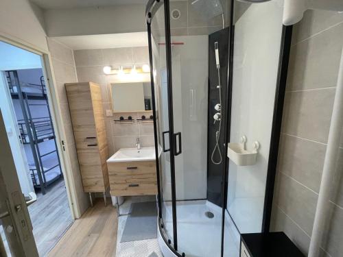 une salle de bain avec douche et lavabo dans l'établissement Studio rénové avec accès direct aux pistes, bien équipé - FR-1-165A-169, à Enchastrayes
