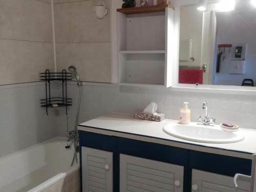 une salle de bain avec un lavabo, un miroir et une baignoire dans l'établissement Appartement confortable et bien équipé, idéalement situé au centre de Pra-Loup avec terrasse orienté sud-est - FR-1-165A-158, à Uvernet
