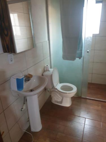 a bathroom with a toilet and a sink at Wall Apartamentos in Hohenau