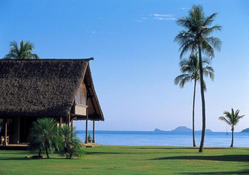 Airlie Beach的住宿－Paradise Cove Villa，拥有两棵棕榈树和大海的度假村