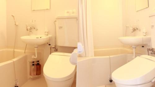 a bathroom with a white toilet and a sink at Tabist Business Hotel R Side Kanazawa in Kanazawa