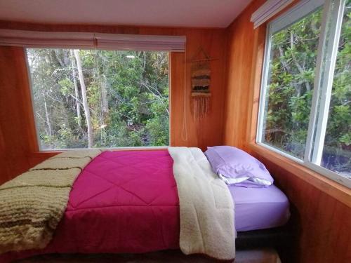 1 dormitorio con 1 cama y ventana grande en Cabañas Bosques mar-3, en Queilén