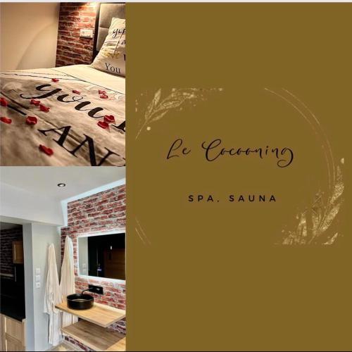 a collage of photos with a bed and a fireplace at Le cocooning in Friaucourt