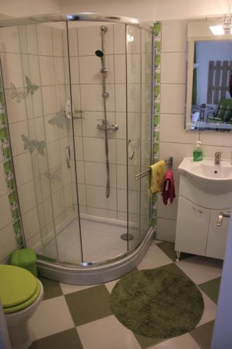 a bathroom with a shower and a toilet and a sink at Szántó Villa in Hévíz