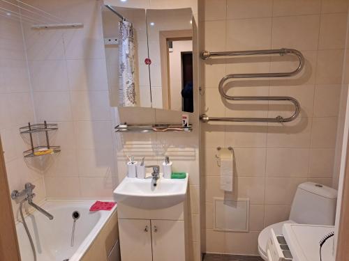 a small bathroom with a sink and a toilet at Lubānas apartamenti in Rēzekne