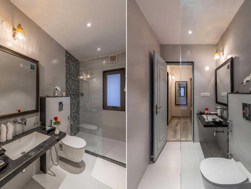 two images of a bathroom with a sink and a toilet at Maan Vilas By Stone Wood in Udaipur