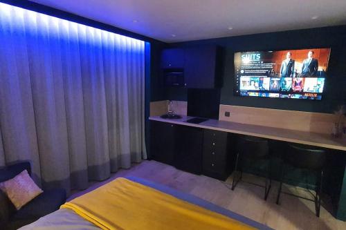 um quarto com uma cama e uma televisão num quarto em Studio L'élégance Place de Jaude et garage em Clermont-Ferrand