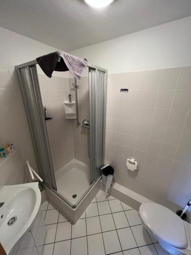 ein Bad mit einer Dusche, einem WC und einem Waschbecken in der Unterkunft Ferienwohnung Kleine Auszeit in Altenau in Altenau