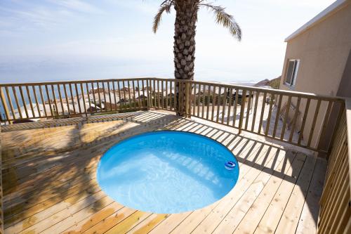 a blue swimming pool on a deck with a palm tree at Top of the cliff apartments - Metzoke Dragot in Metsoke Dragot