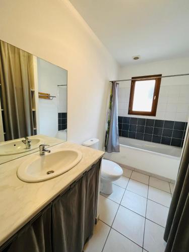 une salle de bain avec un lavabo et des toilettes dans l'établissement Formiguères Chalet 3 faces idéal famille, à Formiguères