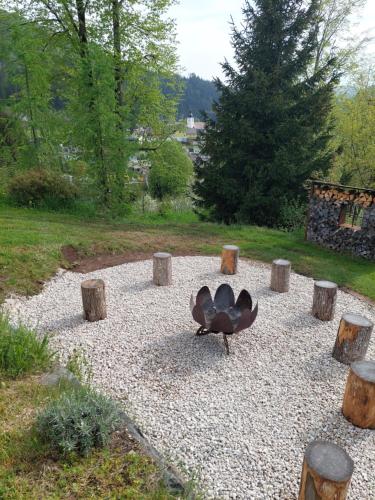 a duck is sitting on a gravel area with logs at Apartmenthaus Eisenstraße in Lunz am See