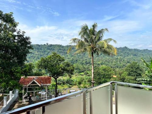 a view from the balcony of a resort with a palm tree at Villa Munjul Indah - Majalengka in Jatipamor