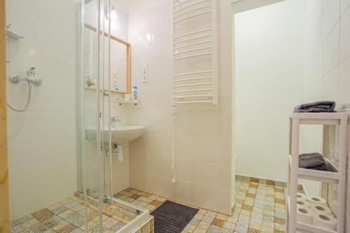 een badkamer met een glazen douche en een wastafel bij Cosy flat in Akácfa str., Aya in Boedapest