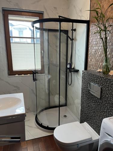 索波特的住宿－Urus Home Sopot，带淋浴、卫生间和盥洗盆的浴室