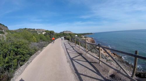 a person riding a bike on a path next to the ocean at Apartamentos Centro Benicasim in Benicàssim
