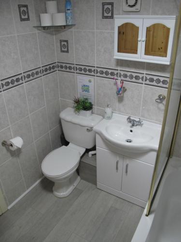 a bathroom with a toilet and a sink at Scarborough, South Cliff Seaside Garden Apt in Scarborough