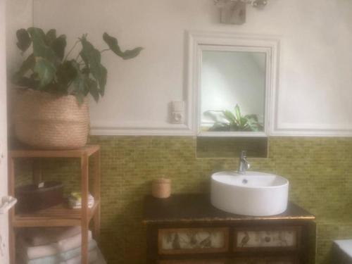 La salle de bains est pourvue d'un lavabo et d'un miroir. dans l'établissement Grande Maison à Semur en plein coeur Historique, à Semur-en-Auxois