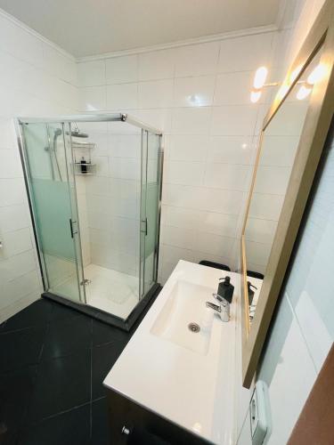 a bathroom with a sink and a glass shower at Sedra House in Sighişoara
