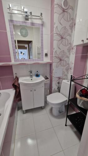 bagno con lavandino, servizi igienici e specchio di Apartament SPOKO-LOKO a Stronie Śląskie