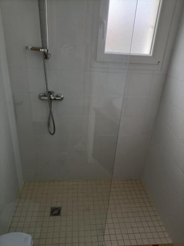une salle de bain avec douche, toilettes et fenêtre dans l'établissement MAISON DE VACANCES, à Saint-Vincent-sur-Jard
