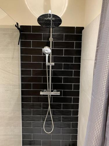 une douche avec sèche-cheveux et un mur en carrelage noir dans l'établissement Appartement rénové vue mer - citadelle de Bastia, à Bastia