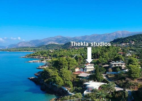 an aerial view of a resort on the shore of a lake at THEKLI STUDIOS in Argostoli