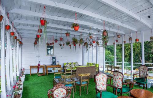 ein Zimmer mit Stühlen, Tischen und Pflanzen in der Unterkunft Summit Barsana Resort & Spa in Kalimpong
