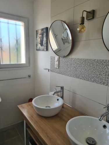 une salle de bain avec un lavabo et un miroir sur un comptoir dans l'établissement Villa Hélios, à Canet
