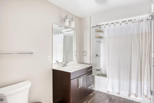 a bathroom with a sink and a toilet and a mirror at East Cambridge 1br w wd gym nr Lechmere T BOS-859 in Boston