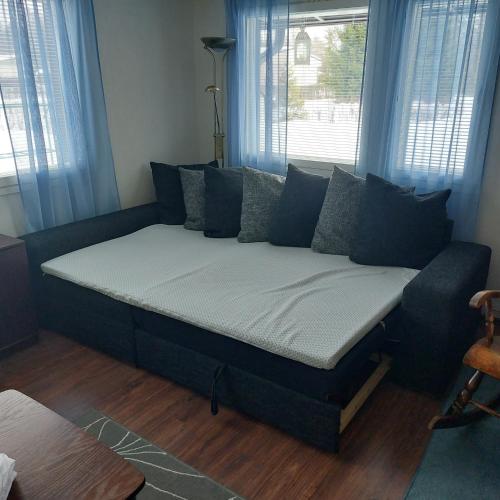 kanapę w salonie z niebieskimi poduszkami w obiekcie Mesijäinen w mieście Pyhäjärvi