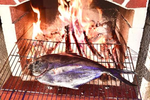 a fish sitting on a rack next to a fire at Villa Nina Amalfi in Amalfi