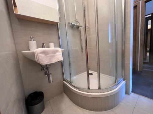 een badkamer met een douche en een wastafel bij Pension U Jakuba in Olomouc